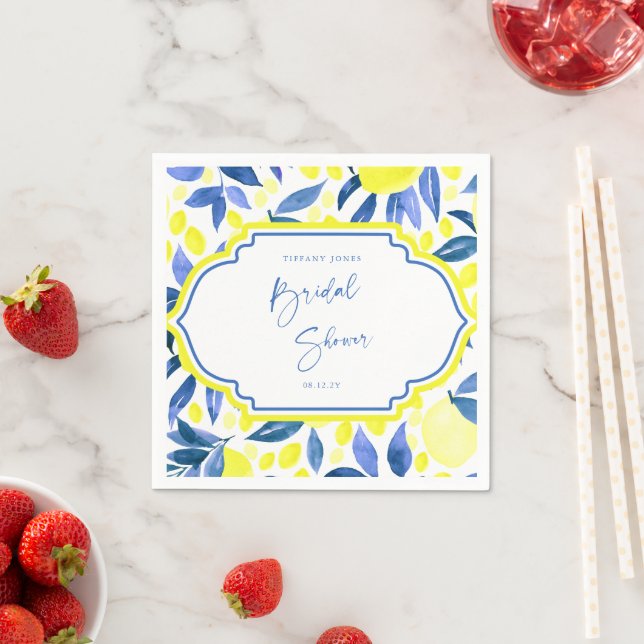 Serviette En Papier Lunch de mariage Modern Blue Yellow Lemons  (En situation)