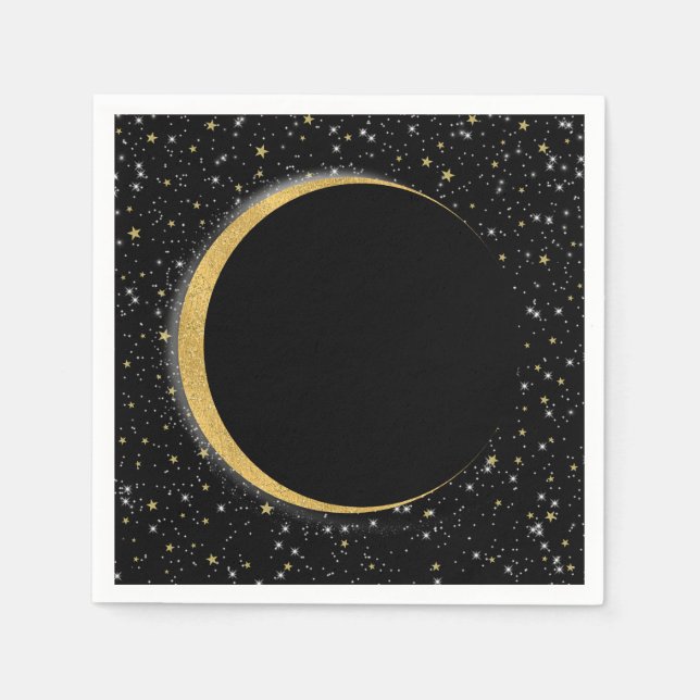 Serviette En Papier Lune céleste noire et dorée étoiles magie lunaire (Devant)