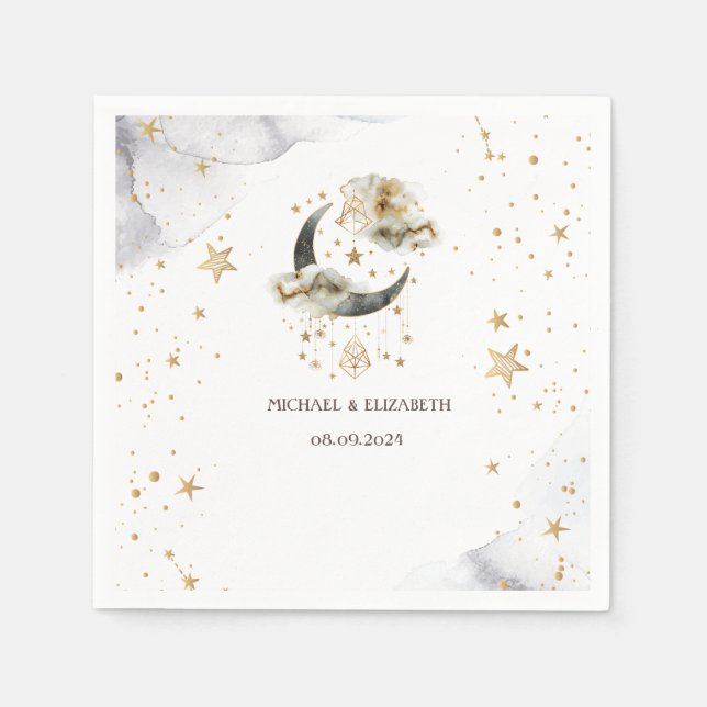 Serviette En Papier Lune étoiles or céleste  (Devant)