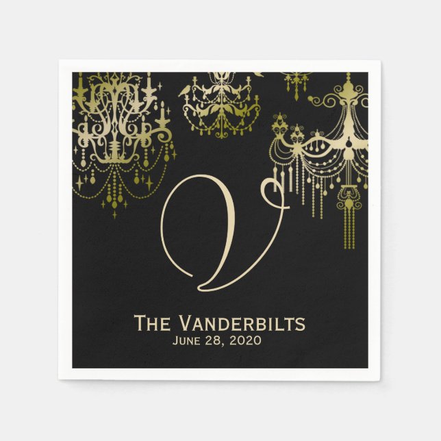 Serviette En Papier Lustres en or sur serviettes Mariage Black Posh (Devant)