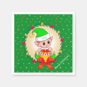 Serviette En Papier Lutin de Noël, couronne de pin et étoiles sur fond