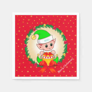 Serviette En Papier Lutin de Noël, couronne de pin & étoiles sur fond 