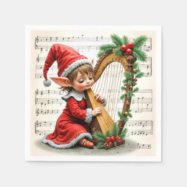 Serviette En Papier Lutin de Noël jouant de la harpe (Devant)