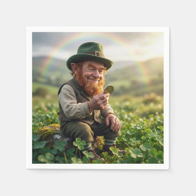 Serviette En Papier Lutin Irlandais Admirant une Pièce d'Or (Devant)