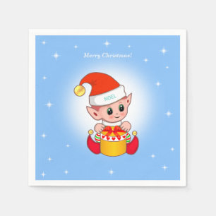 Serviette En Papier Lutins de Noël mignons et étoiles sur fond bleu cl
