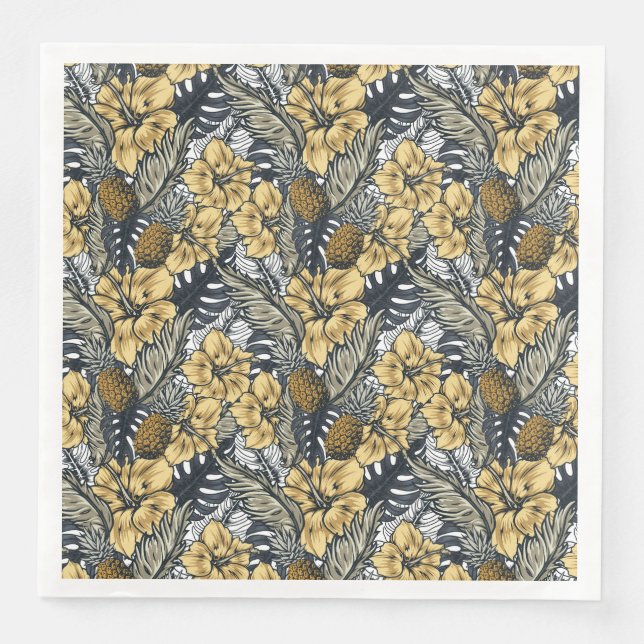 Serviette En Papier Luxe Elegant Or N' Black Tropical Flowers (Devant)