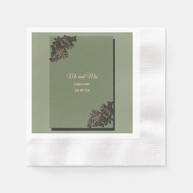 Serviette En Papier Luxe Moderne Sage vert & or classique métal N (Devant)