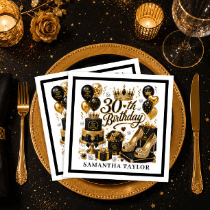 Serviette En Papier Luxe Or Et Paillettes Noires Fête D'anniversaire 3