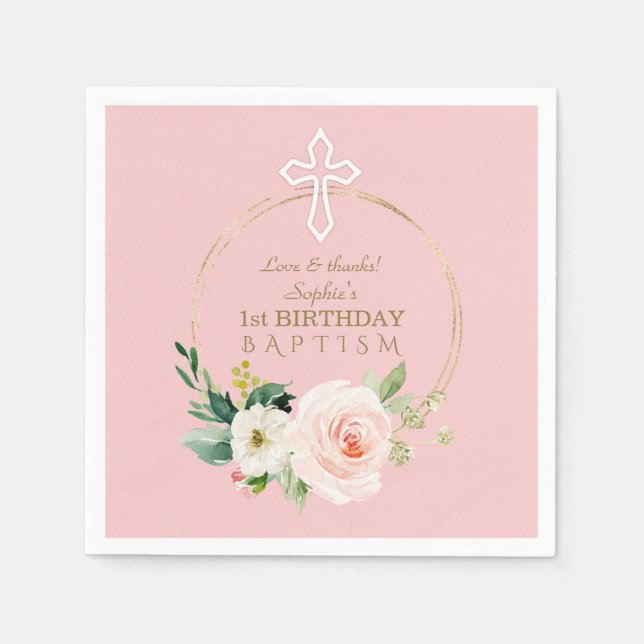 Serviette En Papier Luxe Pink Blush Floral 1er Anniversaire et Baptême (Devant)