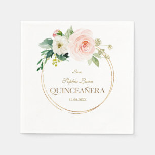 Serviette En Papier Luxe Rose Fleurs Blanches Or Quinceañera