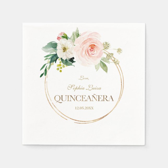 Serviette En Papier Luxe Rose Fleurs Blanches Or Quinceañera (Devant)