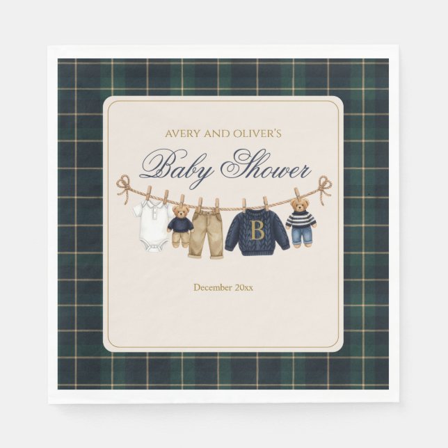 Serviette En Papier Luxsary Teddy Bear Plaid Baby Shower  (Devant)