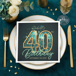 Serviette En Papier Luxury Teal Gold Agate Mosaic 40th Birthday Party