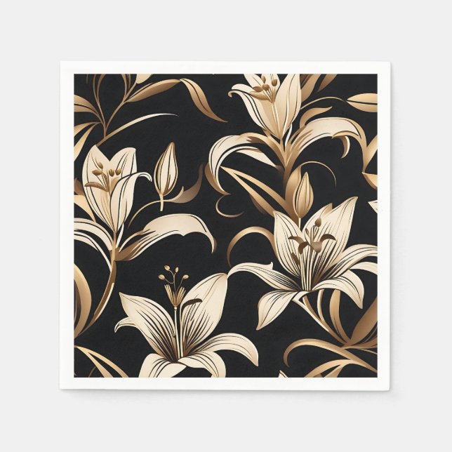 Serviette En Papier Lys dorés modernes sur noir (Devant)