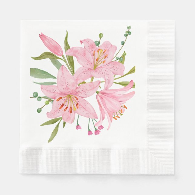 Serviette En Papier Lys Orientaux roses illustrés à la main (Devant)