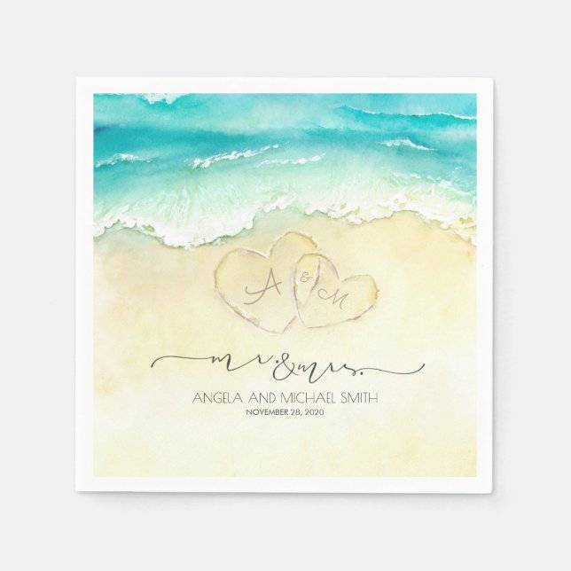 Serviette En Papier M. et Mme Beach Hearts Aquarelle (Devant)