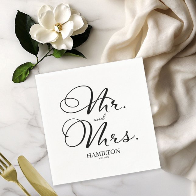Serviette En Papier M. et Mme - Élégant écriture noire  Mariage (Créateur téléchargé)