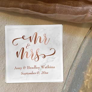 Serviette En Papier "M. et Mme" Faux script cuivré sur marbre blanc