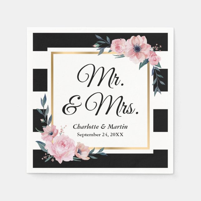 Serviette En Papier M. et Mme Gold Frame Black White Floral Mariage (Devant)