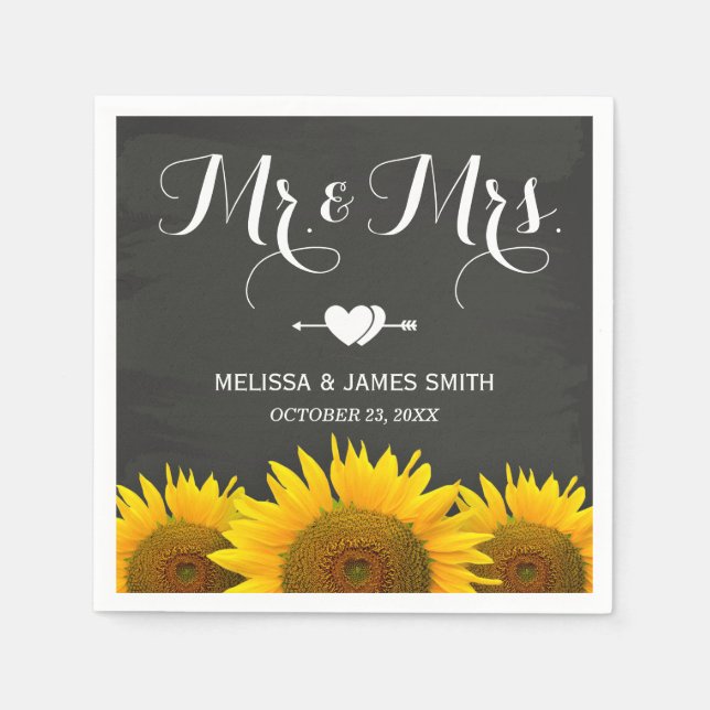 Serviette En Papier M. et Mme Mariage Sunflowers Chalkboard Elegant (Devant)