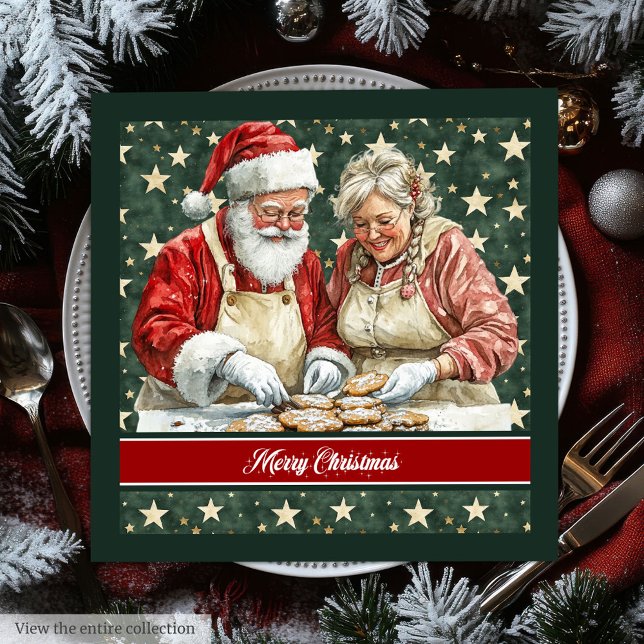 Serviette En Papier M. et Mme Santa Claus Cuisine Aquarelle Napkin (Mr. and Mrs. Santa Claus Cooking Watercolor Napkin)
