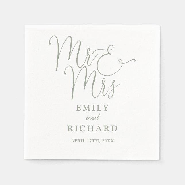Serviette En Papier M. et Mme. Script Élégant Vert Sauge Mariage (Devant)