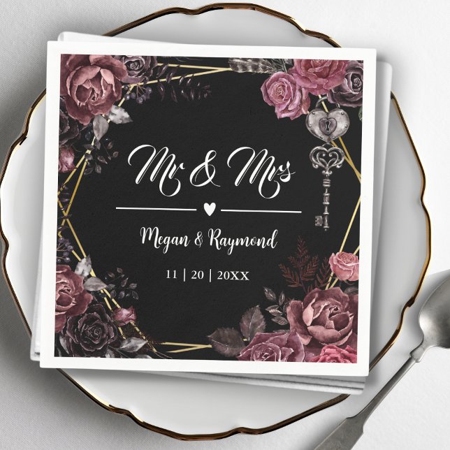 Serviette En Papier M. & Mme | Black Dark Rose Floral gothique Mariage (Créateur téléchargé)