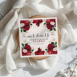 Serviette En Papier M. & Mme Burgundy & White Floral Élégant Mariage