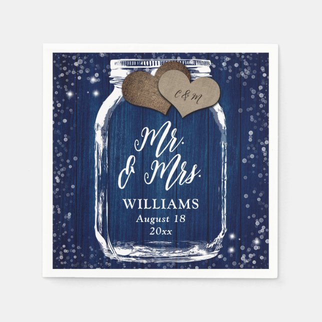 Serviette En Papier M. & Mme Marine Blue Wood Mason Jar Barn Mariage (Devant)