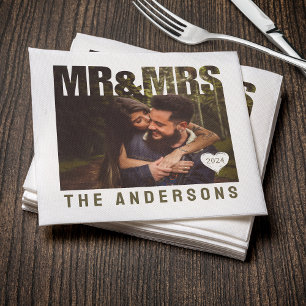 Serviette En Papier M. & Mme Photo Block Anniversaire du coeur Nom