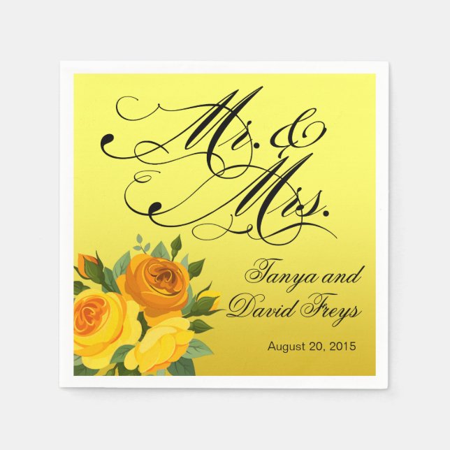 Serviette En Papier M. & Mme Script Typographie Rose jaune floral (Devant)