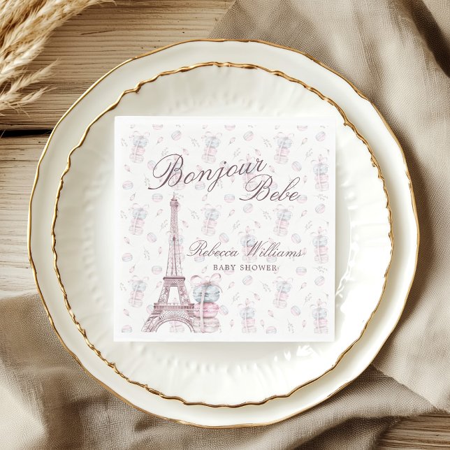 Serviette En Papier Macaron bleu rose Bonjour Bebe Paris Baby shower (Créateur téléchargé)
