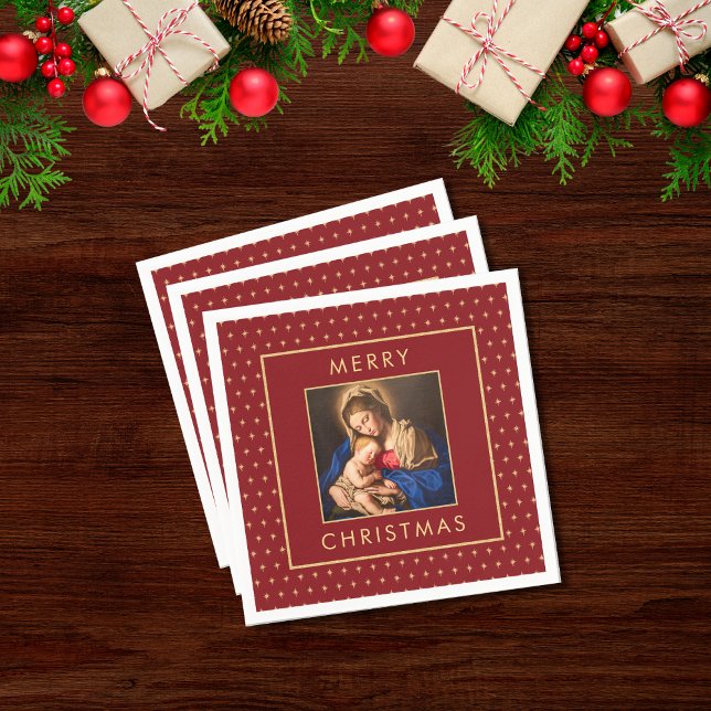Serviette En Papier Madonna & Enfant traditionnel Noël religieux (Religious Christian Christmas cocktail napkins with Madonna and Child in red and gold for )