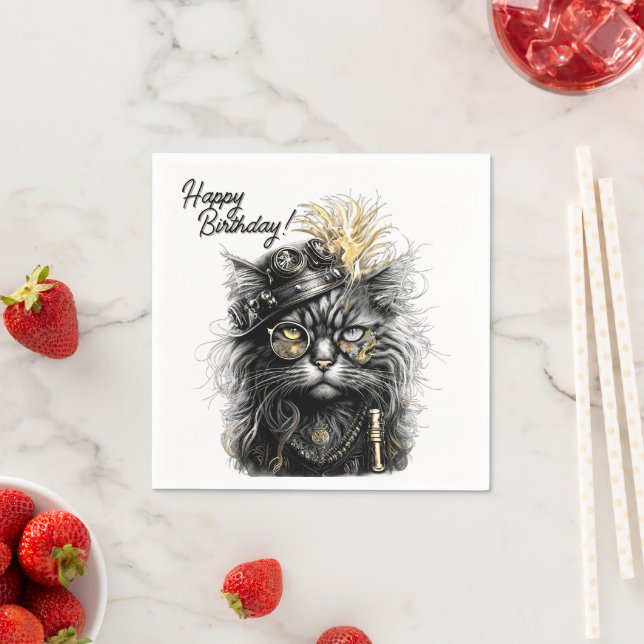 Serviette En Papier Magnifique anniversaire de chat steampunk (En situation)