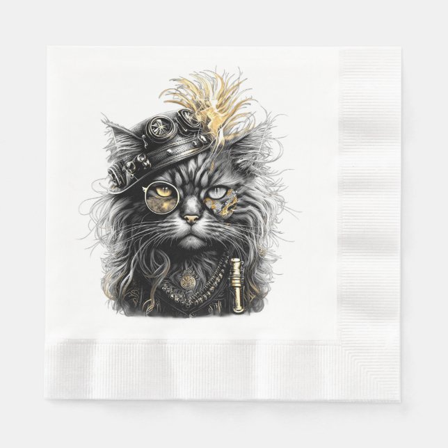 Serviette En Papier Magnifique chat steampunk (Devant)