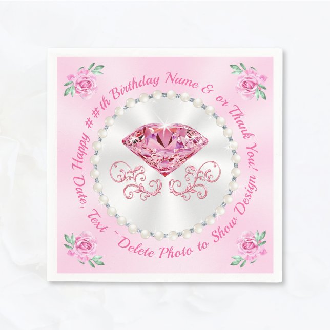 Serviette En Papier Magnifique, Rose Joyeuse serviettes d'anniversaire (Diamond and Pearls, Pink Cocktail Napkins. Choose Luncheon or Dinner. Light, Pink Birthday Napkins.)