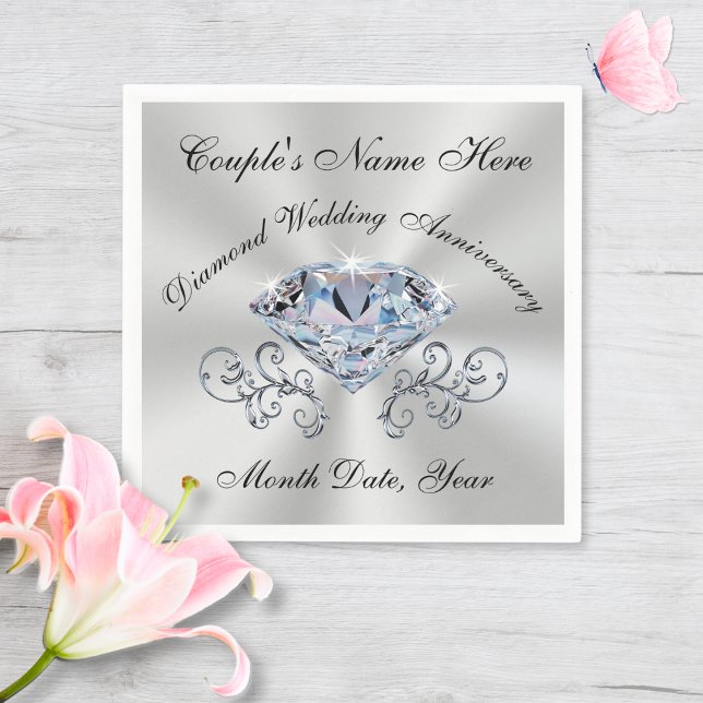 Serviette En Papier Magnifique serviettes Anniversaire Diamant en 3 ta (Diamond Wedding Anniversary Party Supplies. 60th anniversary napkins. 60th anniversary supplies.)