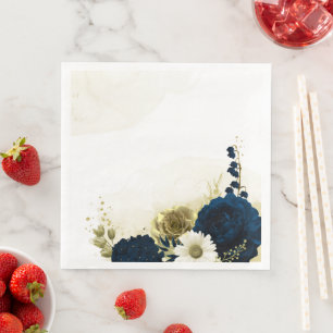 Serviette En Papier Magnifiques fleurs bleu marine ivoire et or
