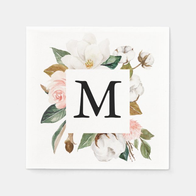 Serviette En Papier Magnolia Cotton Monogram Wedding Cocktail Napkin (Devant)