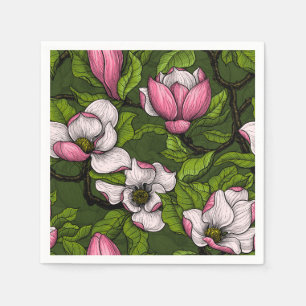 Serviette En Papier Magnolia en floraison sur vert foncé