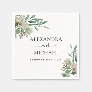 Serviette En Papier Magnolia Eucalyptus Aquarelle Mariage élégant