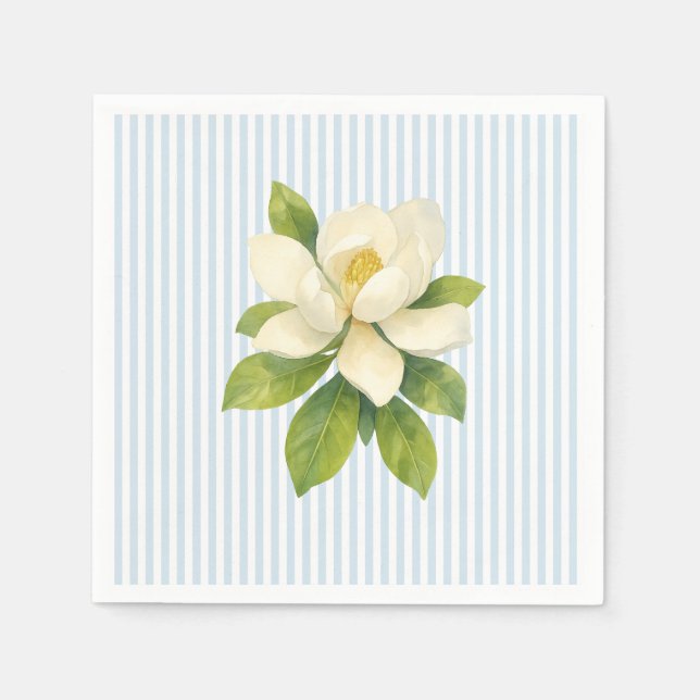 Serviette En Papier Magnolia Flower Custom Wedding Blue Stripe (Devant)