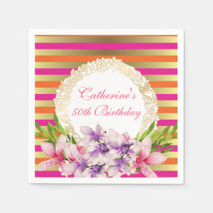 Serviette En Papier Magnolia sur Pink & Faux Gold Stripes Anniversaire