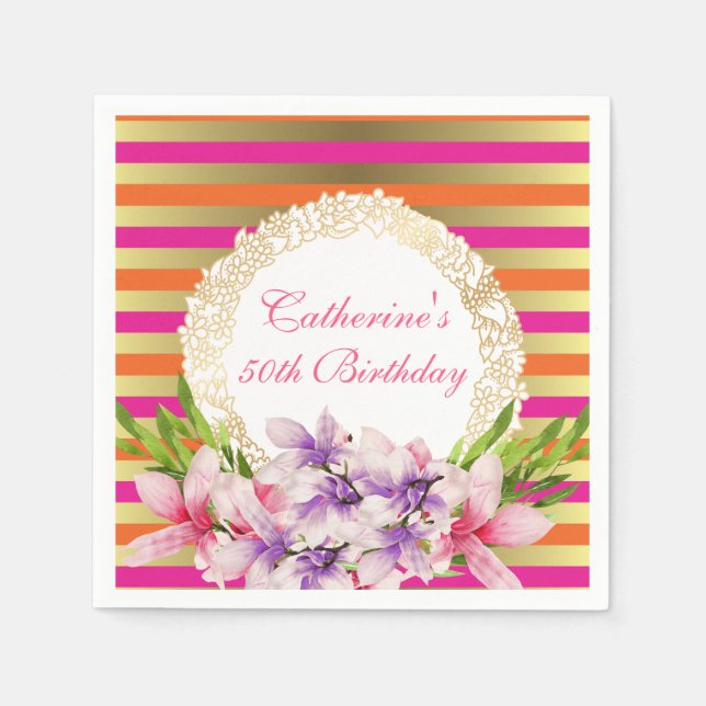 Serviette En Papier Magnolia sur Pink & Faux Gold Stripes Anniversaire (Devant)