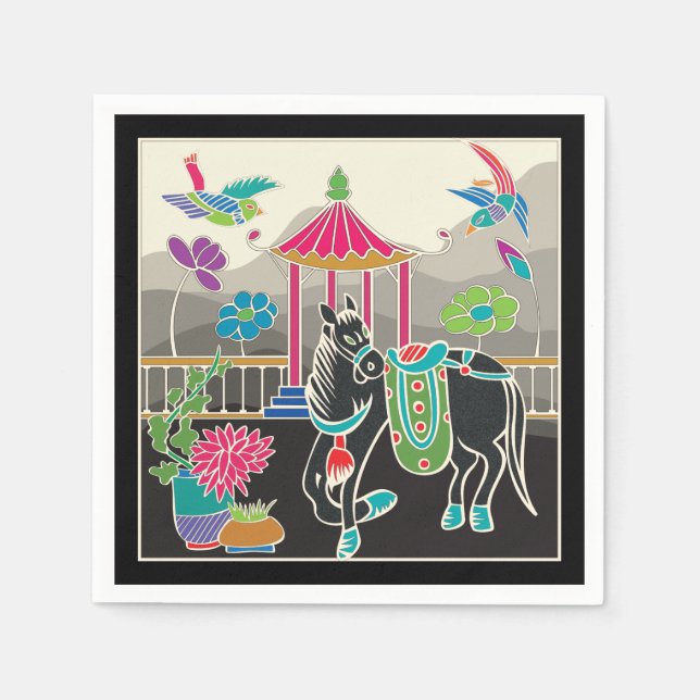 Serviette En Papier Mah Jongg Carreaux Carte Cheval Petite (Devant)