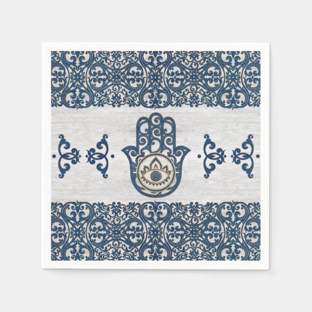 Serviette En Papier Main Hamsa - Main Fatima en bois bleu (Devant)