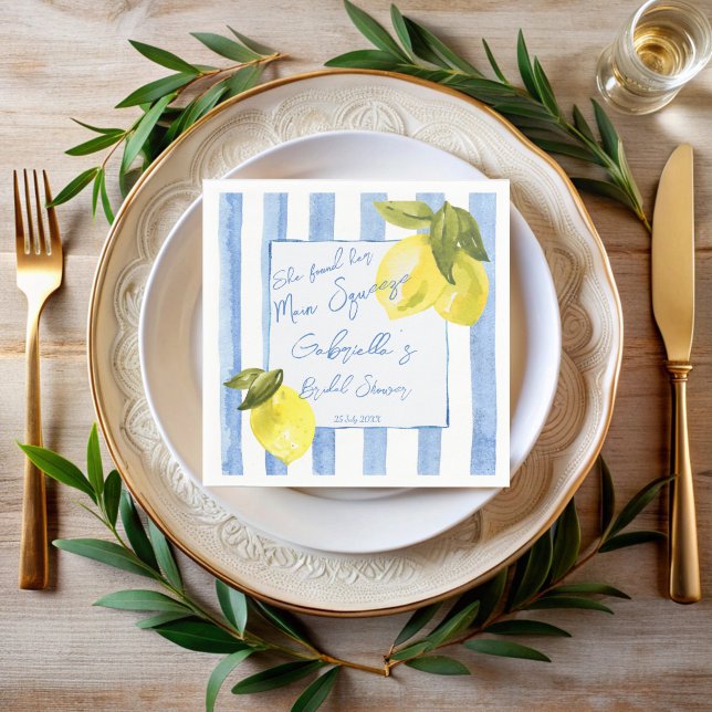 Serviette En Papier Main presser rayures bleues citrons nuptiale douch (Main squeeze blue stripes lemons Italian bridal shower monogrammed napkins personalized table decor)