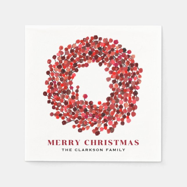 Serviette En Papier Mains peintes rouge Winterberry Wreath Noël (Devant)