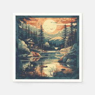 Serviette En Papier Maison de montagne d'art rétro scandinave