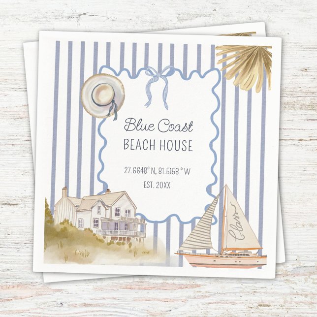 Serviette En Papier Maison de plage bleu chic côtier rayures bleues (In situ)